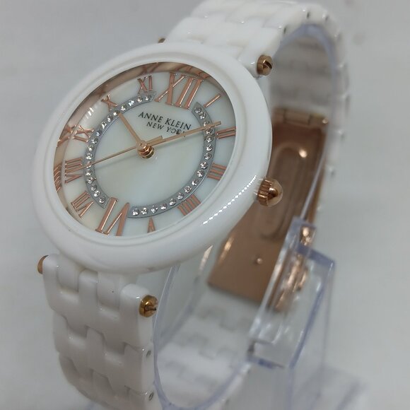 Anne Klein 12/2278RGWT Women's 34mm White Ceramic MOP + Crystal Accent Watch - Picture 1 of 11